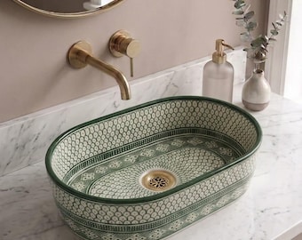 Hand Painted Moroccan Ceramic Oval Vessel Sink, Green Talavera Boho Farmhouse Lavabo