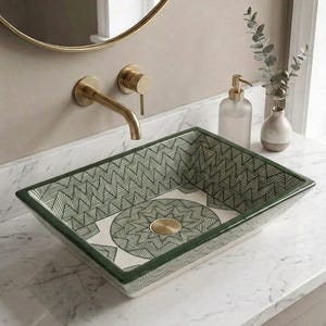 Lavabo rectangular marroquí, lavabo de cerámica pintado a mano para baño, lavabo de estilo bohemio para baño de estilo rústico.
