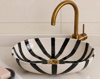 Hand-Painted Moroccan Ceramic Oval Sink – Artisan Crafted Boho Bathroom Vessel Basin