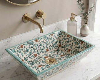 Moroccan Rectangular Vessel Sink | Hand-Painted Ceramic Bathroom Basin | Bohemian Vanity Bowl for Farmhouse Decor