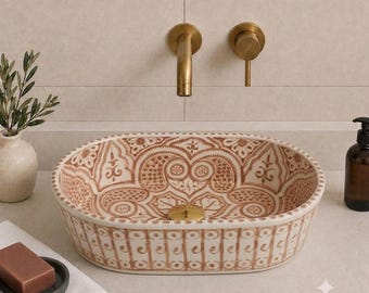 Hand-Painted Moroccan Ceramic Vessel Sink, Oval Basin, Boho Farmhouse Bathroom Sink
