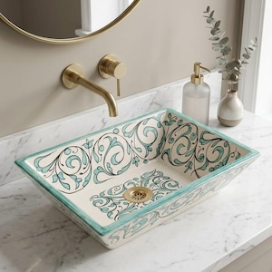 Moroccan Rectangular Vessel Sink, Hand-Painted Ceramic Bathroom Basin, Bohemian Vanity Bowl for Farmhouse