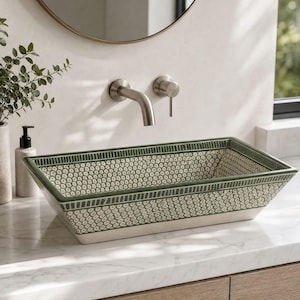 Moroccan Rectangular Vessel Sink, Hand-Painted Ceramic Bathroom Basin, Bohemian Vanity Bowl for Farmhouse