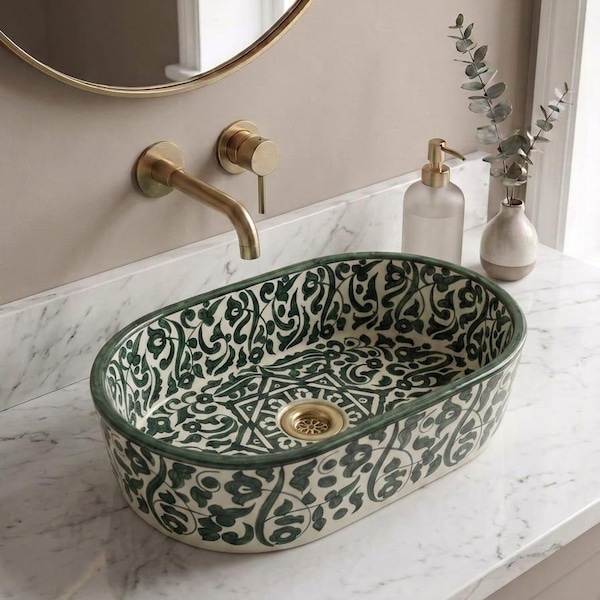 Hand Painted Moroccan Ceramic Oval Vessel Sink, Green Talavera Farmhouse Lavabo