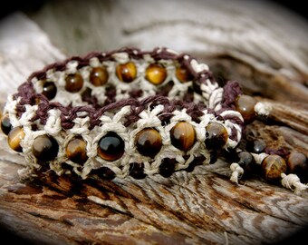Tigers Eye Bracelet - Hemp Healing Jewelry - Gemstone Bracelet - Macrame - Custom - Mens Bracelet - Tribal Bracelet - Bohemian Festival