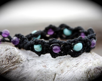 Amethyst and Turquoise Intricate Macrame Hemp Healing Bracelet