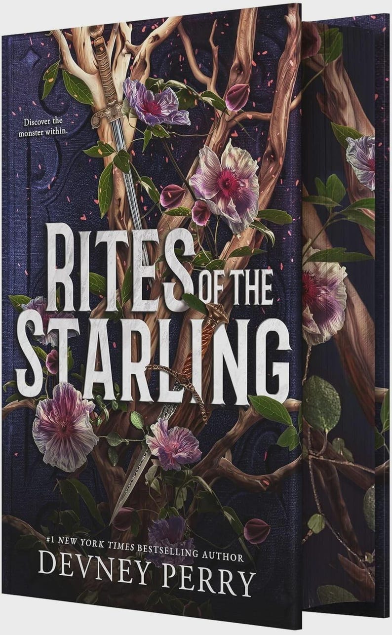 May include: A book cover for "Rites of the Starling" by Devney Perry. The cover features a dark blue background with white text. Floral and branch illustrations with a sword are overlaid. The book is a #1 New York Times Bestseller.