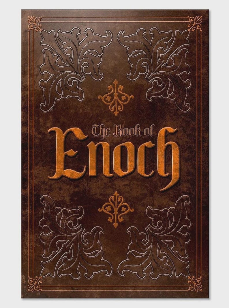 May include: A detailed image of a book cover with the title "The Book of Enoch". The cover is a dark brown with embossed floral designs and decorative borders. The title is in a bold, orange, serif font.
