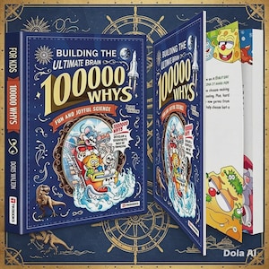 May include: A hardcover book titled Building the Ultimate Brain 100000 Whys by Doris Walton. The blue cover features a cartoon illustration of animals on a roller coaster, a rocket, and a dinosaur. The book is shown from two angles, revealing interior pages with colorful cartoon illustrations of cheese and germs.
