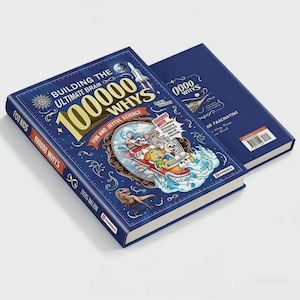 Pode incluir: Um livro de capa dura azul-escuro intitulado Building the Ultimate Brain 100000 Whys Fun and Joyful Science. A capa apresenta uma ilustração central de animais de desenho animado numa montanha-russa, um dinossauro e elementos espaciais.