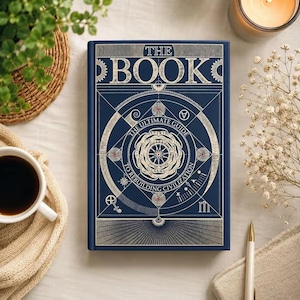 May include: A dark blue hardback book titled The Book: The Ultimate Guide to Rebuilding Civilization. The cover features intricate silver geometric line art, circular diagrams, and mechanical gear motifs, with a central floral-like mandala design.