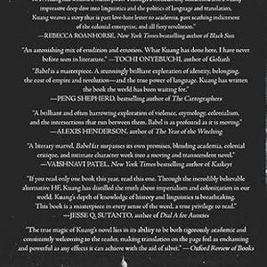 May include: The back cover of a book titled "Babel" with white text on a dark background. The cover features quotes praising the book and a small illustration of a building. The ISBN is visible.