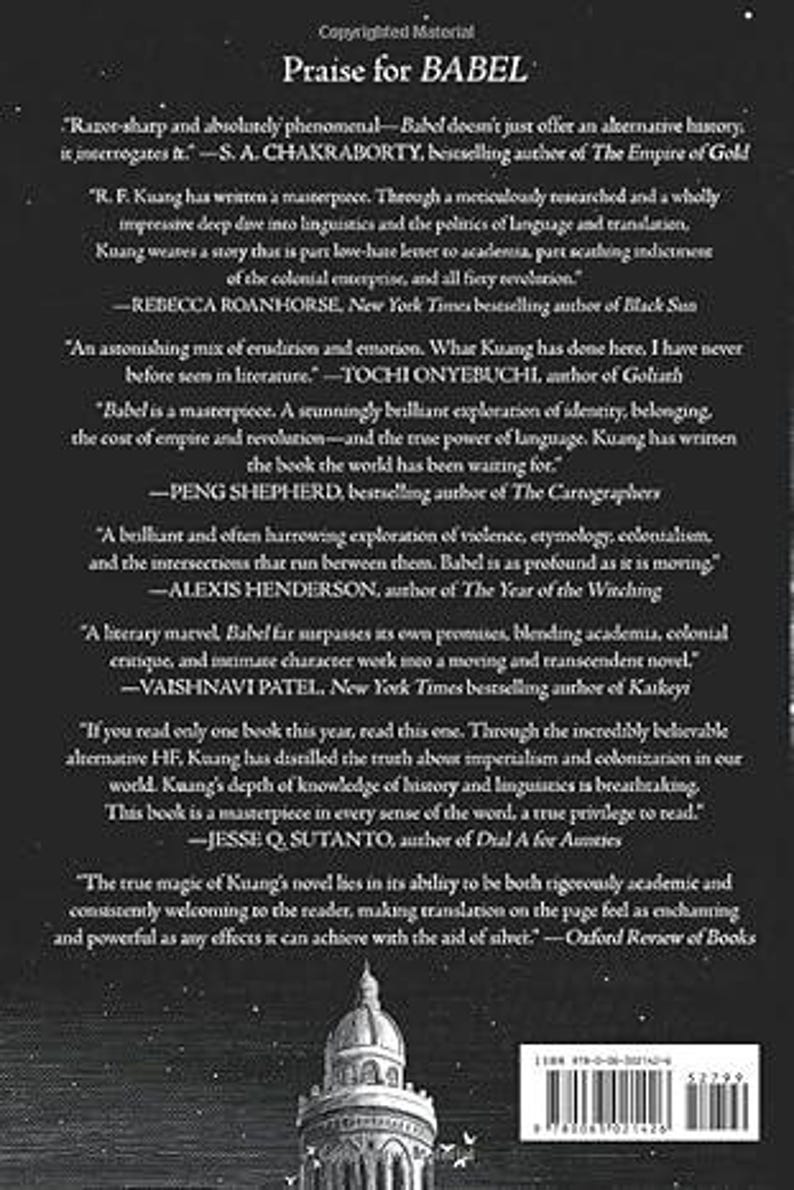 May include: The back cover of a book titled "Babel" with white text on a dark background. The cover features quotes praising the book and a small illustration of a building. The ISBN is visible.