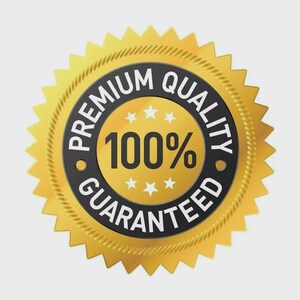 May include: A gold-colored badge with a starburst design. The badge has a black circular center with the words "PREMIUM QUALITY GUARANTEED" and "100%" in white. Small gold stars are also present.