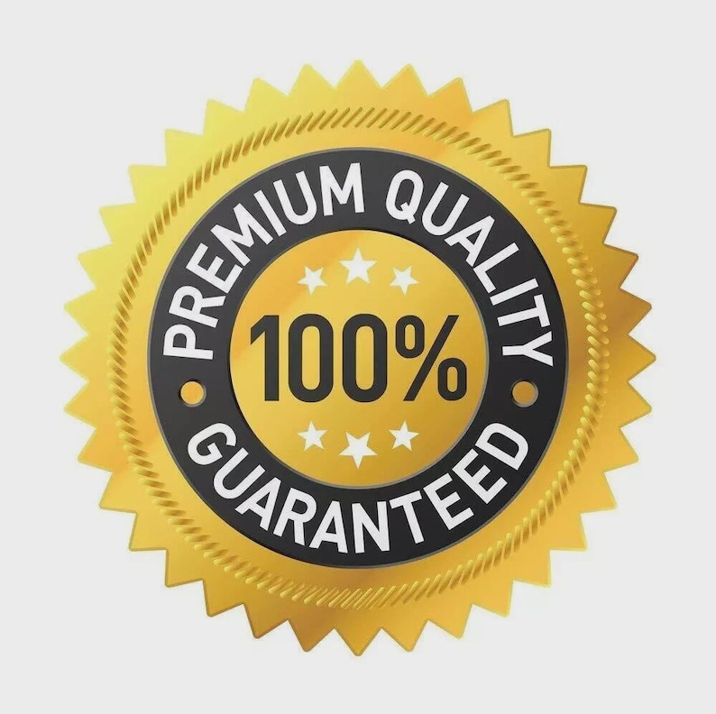 May include: A gold-colored badge with a starburst design. The badge has a black circular center with the words "PREMIUM QUALITY GUARANTEED" and "100%" in white. Small gold stars are also present.