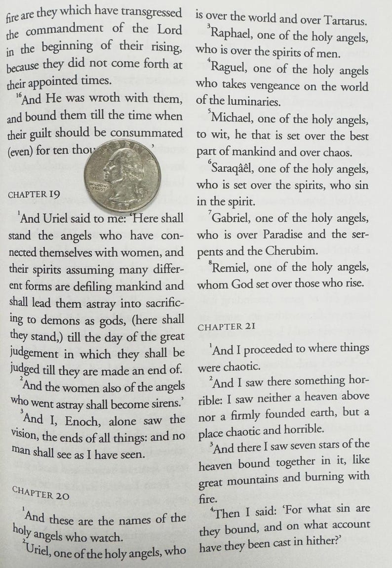 May include: A page from a book with printed text and a quarter coin. The text is divided into chapters and includes the names of angels. The quarter coin is in the center of the page.