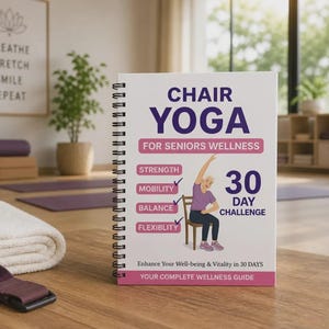 May include: A spiral-bound book titled Chair Yoga for Seniors Wellness 30 Day Challenge. The cover features a purple and white design with an illustration of a person sitting on a chair, along with text listing strength, mobility, balance, and flexibility.