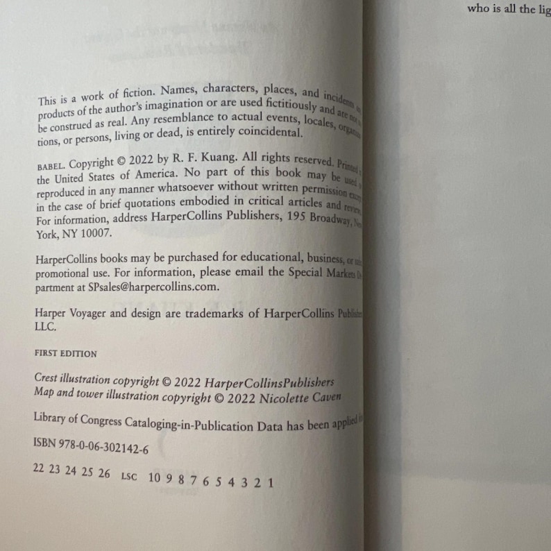 May include: A page from a book with text about copyright, publishing information, and the ISBN. The text includes the title "BABEL" and the publisher HarperCollins. The page is white with black text.