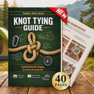 Op de afbeelding: Een groen instructieboek getiteld Knot Tying Guide met een rode New-banner, voorzien van een touw, een metalen karabijnhaak en een kompas op de kaft. Het boek bevat 40 pagina's met stapsgewijze instructies voor diverse knopen.
