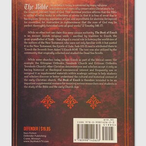 May include: A book cover with a dark red background and ornate gold-colored border. The title "The Bible" is at the top, with text discussing its significance. The book is published by Defender Publishing.