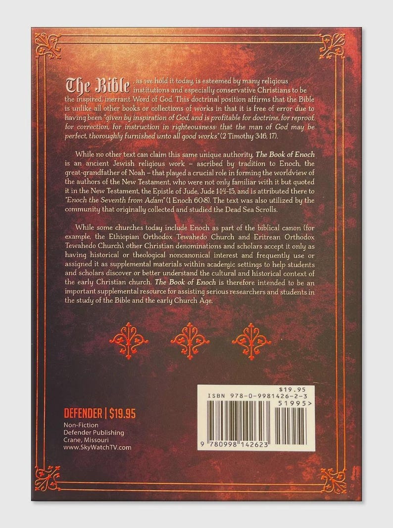 May include: A book cover with a dark red background and ornate gold-colored border. The title "The Bible" is at the top, with text discussing its significance. The book is published by Defender Publishing.