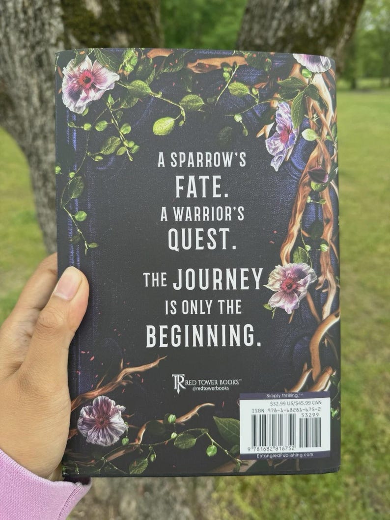 May include: A book cover with a dark background, floral and vine accents, and the text "A Sparrow's Fate. A Warrior's Quest. The Journey Is Only The Beginning." The Red Tower Books logo is visible.