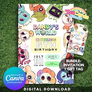 Könnte beinhalten: Ein digitaler Download-Bundle mit Einladung und Geschenkanhänger für einen 6. Geburtstag. Die Einladung zeigt bunte Cartoon-Figuren und den Text "Dandy's World". Enthält Datum, Uhrzeit und RSVP-Informationen. Der Geschenkanhänger sagt "Thank You".