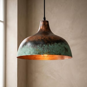 Solid Copper Ceiling Lamp - Handmade Turquoise Patina Copper Pendant Light