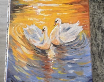 Pintura al óleo: Dos cisnes en el agua – Vibrante reflejo de la puesta de sol.