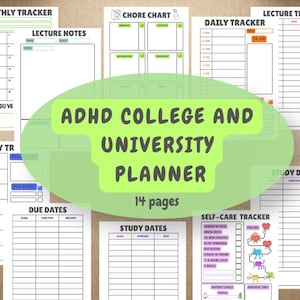 Puede incluir: Un planificador para estudiantes universitarios con TDAH, con varios rastreadores. Incluye un rastreador mensual, notas de clase, un cuadro de tareas, un rastreador diario, un rastreador semanal, fechas de vencimiento, fechas de estudio y un rastreador de autocuidado. El planificador tiene 14 páginas.