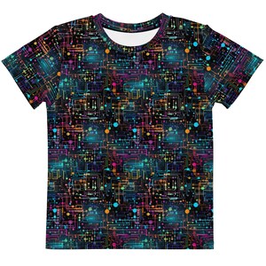 May include: A short-sleeve t-shirt featuring a black background with a vibrant, multi-colored circuit board pattern. The design includes interconnected lines, dots, and nodes in shades of neon blue, pink, orange, and yellow, covering the entire garment.