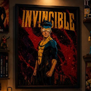 May include: A framed "Invincible" poster with a comic book style illustration of a superhero. The room features shelves with figurines, comic books, and a lamp. The color scheme includes red, yellow, blue, and black.