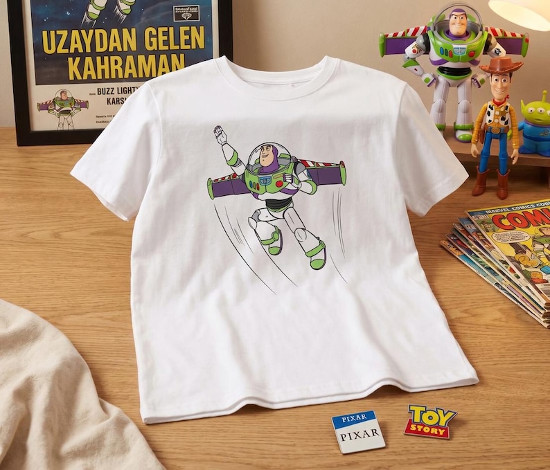 Puede incluir: Camiseta blanca con un gr&aacute;fico de Buzz Lightyear en vuelo, con detalles verdes y morados. La camiseta est&aacute; sobre una superficie de madera, junto a figuras de Toy Story, c&oacute;mics y pegatinas del logo de Pixar. Un p&oacute;ster turco es visible.