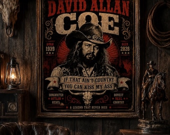 Outlaw Country David Allan Coe Poster, Vintage Western Memorial Rolled Poster