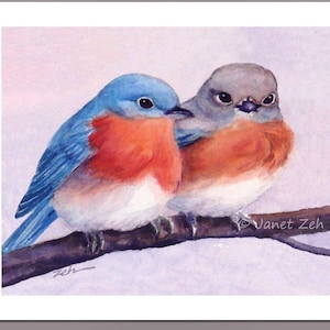 Two Bluebirds art print Cute couple watercolor wall decor gift Pair of blue birds nature painting by Janet Zeh