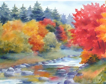Autumn watercolor print New England fall trees landscape mountain river art Impressionist decor by Janet Zeh