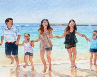 Custom watercolor painting of your favorite people in a landscape or beach, Commission from photos or ideas, Original art gift by Janet Zeh