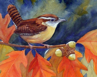 Bird art print carolina wren in oak tree autumn leaves fall watercolor print by Janet Zeh Original Art Home decor