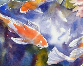 Koi Fish Art Koi Pond Watercolor Print Wall Decor by Janet Zeh Home decor
