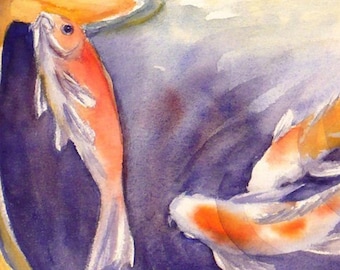 Koi Watercolor Print Fish Painting Lily Pond Art by Janet Zeh Home decor
