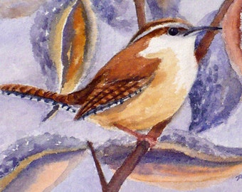 Carolina wren bird art print watercolor painting autumn wall decor fall artwork by Janet Zeh Home decor