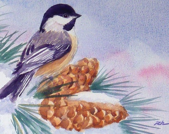 chickadee print from watercolor painting bird in snow art unframed winter holiday wall decor by Janet Zeh Home decor