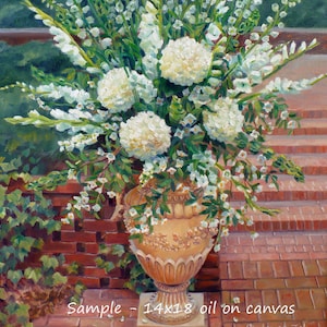 May include: A white floral arrangement in a large, ornate, beige ceramic vase. The vase is sitting on a brick patio. The flowers are a mix of white hydrangeas, white delphiniums, and white baby's breath. The text "Sample - 14x18 oil on canvas" is written on the brick patio.