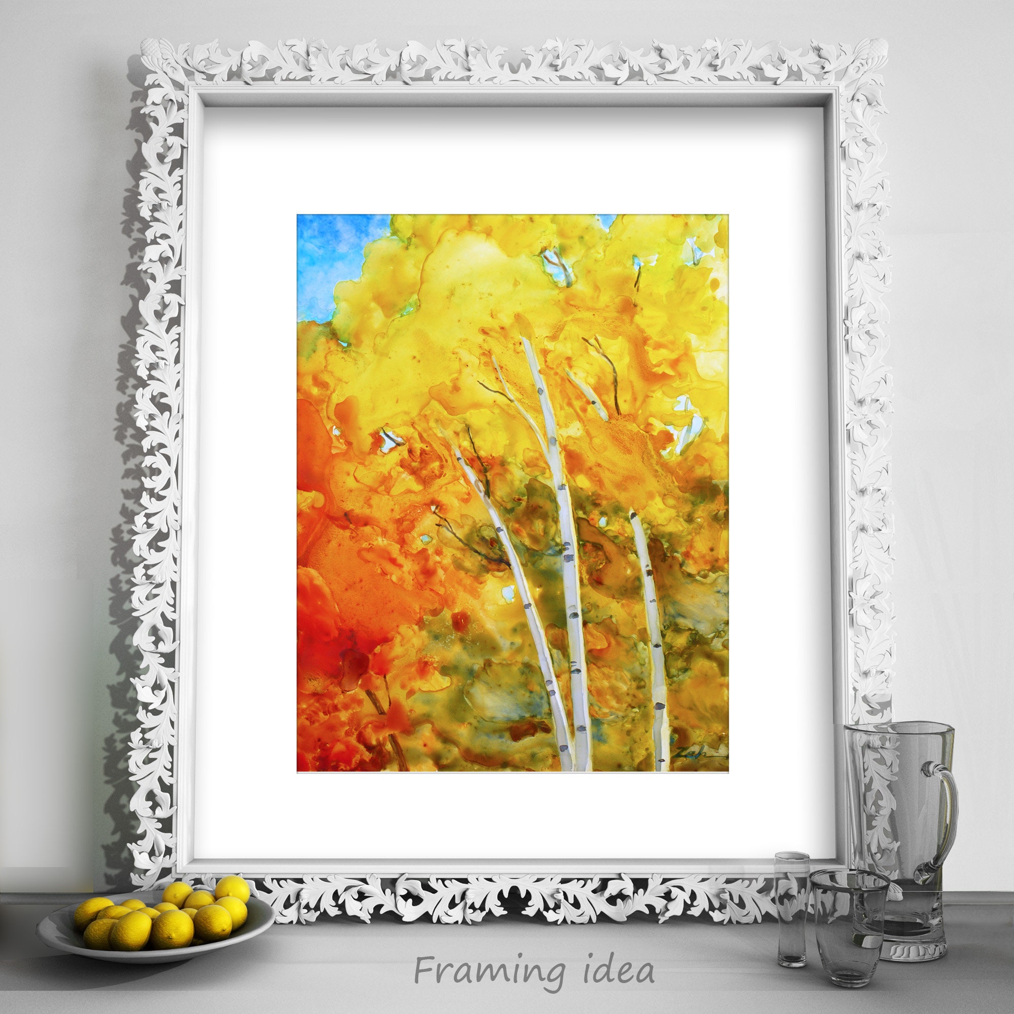 Original 11x14 White Birch Tree Art Autumn Painting Fall Wall