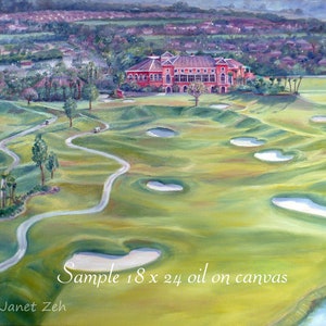 May include: An oil painting on canvas depicting a golf course with a winding road and a large building in the background. The painting is titled "Sample 18 x 24 oil on canvas" and signed "Janet Zeh".