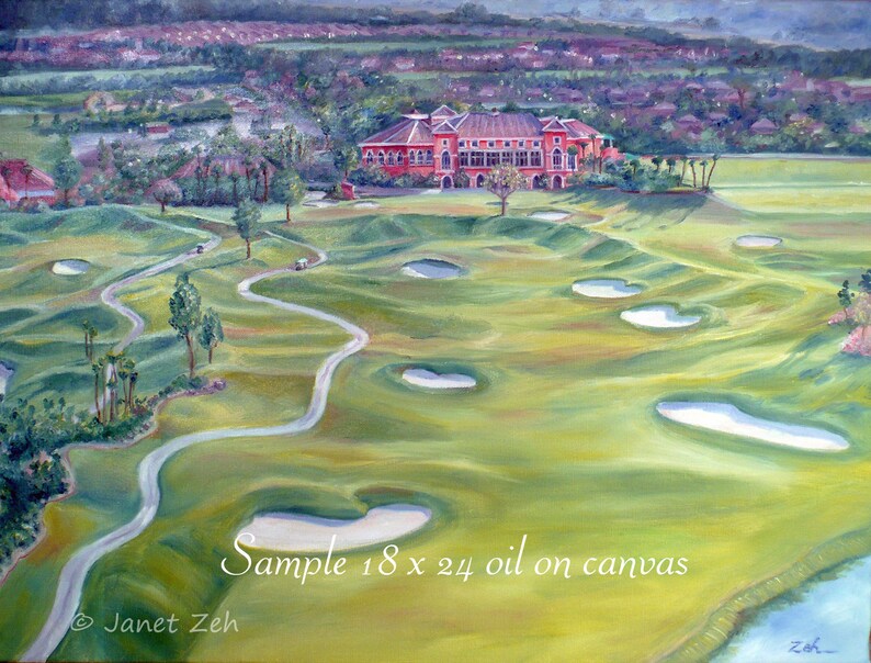 May include: An oil painting on canvas depicting a golf course with a winding road and a large building in the background. The painting is titled "Sample 18 x 24 oil on canvas" and signed "Janet Zeh".