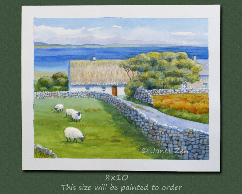 May include: Watercolor painting of a rural landscape featuring a white cottage with a thatched roof, stone walls, and grazing sheep. A road leads to the cottage, with a blue sea and sky in the background. The painting is 8x10 inches.