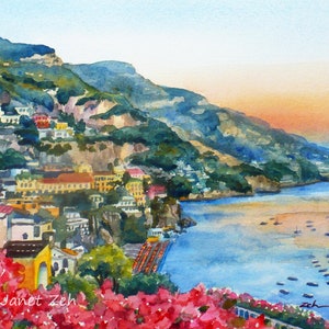 Positano Italy Print of the Mediterranean Amalfi Coast Impressionist Sunset Seascape Art Gift on Watercolor Paper by Janet Zeh