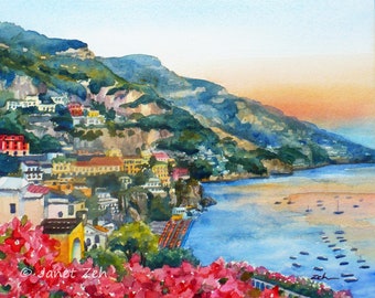 Positano Italy Print of the Mediterranean Amalfi Coast Impressionist Sunset Seascape Art Gift on Watercolor Paper by Janet Zeh