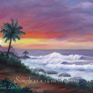 May include: A painting depicting a sunset over the ocean, featuring a palm tree in the foreground. The sky is a blend of purple, orange, and yellow hues. The waves are white and foamy. The painting is signed "Janet Zeh" in the bottom left corner and "Zeh" in the bottom right corner. The text "Sample 11 x 14 oil on canvas" is written in the bottom centre of the painting.